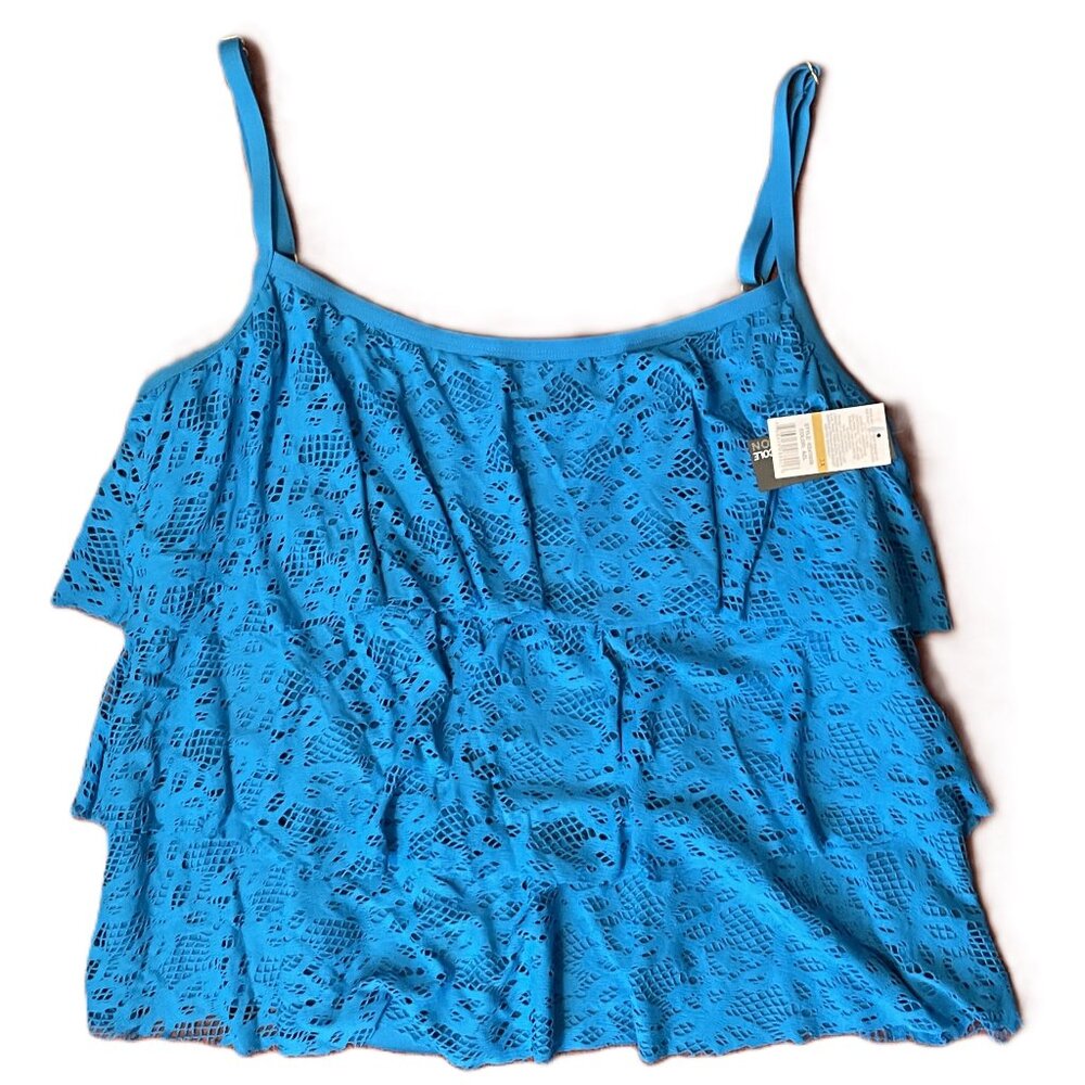 KENNETH COLE REACTION Womens BLUE 3 TIERED Swimsuit Top 3X Plus New w Tags 1066A